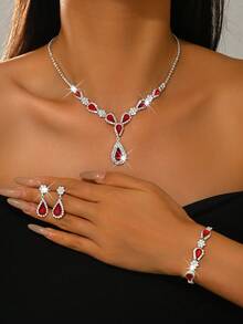 Luxury Elegant Water Drop V-Shaped 3 Pieces Jewelry Set, Fashion Design Bridal Wedding Evening Party Ball Accessories - 1786 - View 5
