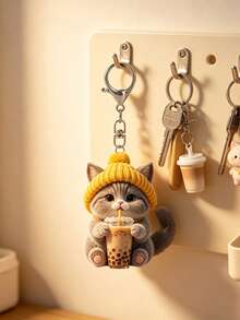 2D Flat Cute Gray Kitten Drinking Milk Tea Pattern Keychain, Adorable Cat Cup Aesthetic Key Chain Wallet Bag Decor Gift For Cat Lovers, New Acrylic Design Keyring Decoration, Durable And Lightweight, Suitable For Car Keyring, Phone Keyring, Backpack And Wallet Keyring Decor - Can Be Used As Birthday, Pet Lover Keyring Car Key Bag Pendant, Back To School Gift, Halloween, Christmas, Thanksgiving Gift - Multicolor - View 8