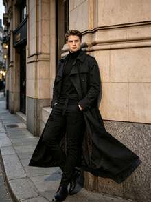 Multi-Color Optional Men's Extra-Long Trench Coat, Classic Double-Breasted Lapel Trench Coat, British Style Slim And Thin Autumn Winter Fashion Coat - Black - View 3