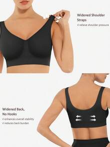 Women's Wireless Seamless Sports Bra With Padding, Comfortable And Breathable, Front Closure And Back Hook Design - Black - View 8
