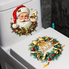 1pc Christmas Toilet Decor Sticker, Santa Claus & Christmas Wreath Bell With Merry Christmas Element, Self-Adhesive Decor Sticker For Bathroom - Multicolor - View 5