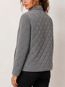 Women's Gray Diamond Quilted Jacket, Stand Collar Button Front Coat With Patch Pockets And Soft Fleece Lining, Casual Daily Wear - Grey - View 2
