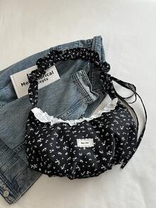 1pc Black Large Capacity Floral Nylon Pleated Tote Bag Women's Shoulder Bag - Black - View 3
