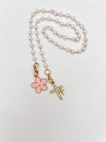 1pc/3pcs, Charming Double Cross Flower Pearl Chain Mirror Decor, Cute Pink Five-Petal Flower Car Rearview Mirror Hanging Ornament, Car Interior Accessory, Women's Car Essential, Ladies Room Decor, Bag Charm, Fun Gift - A - View 15