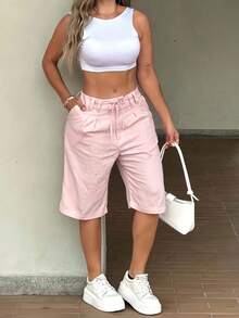 Women's Solid Color Knee-Length High-Waisted Wide-Leg Casual Shorts, Summer New Style, Summer Thin Wide-Leg Pants For Outdoor Wear Pink - Pink - View 1