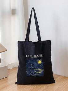 1pc Black Fashionable Fun Frame Pattern Printed Women's Canvas Tote Bag, Portable Shopping Bag For Outings - Black - View 4