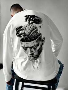 Men's Spring/Autumn Fashion Versatile Mask Brain Mechanical Print Crew Neck Long Sleeve T-Shirt - White - View 1