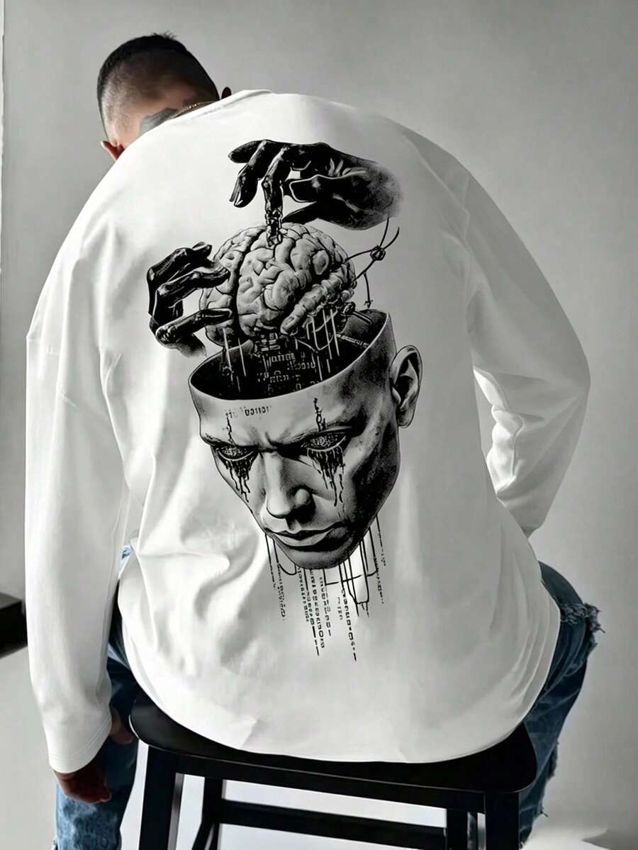 Men's Spring/Autumn Fashion Versatile Mask Brain Mechanical Print Crew Neck Long Sleeve T-Shirt - White - View 1