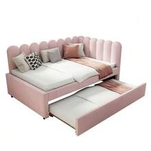 L-Shaped Upholstered Bed, 140x200 Cm Sofa Bed With Floral Backrest And Pull-Out Bed In Beige Velvet Fabric - Pink - View 10
