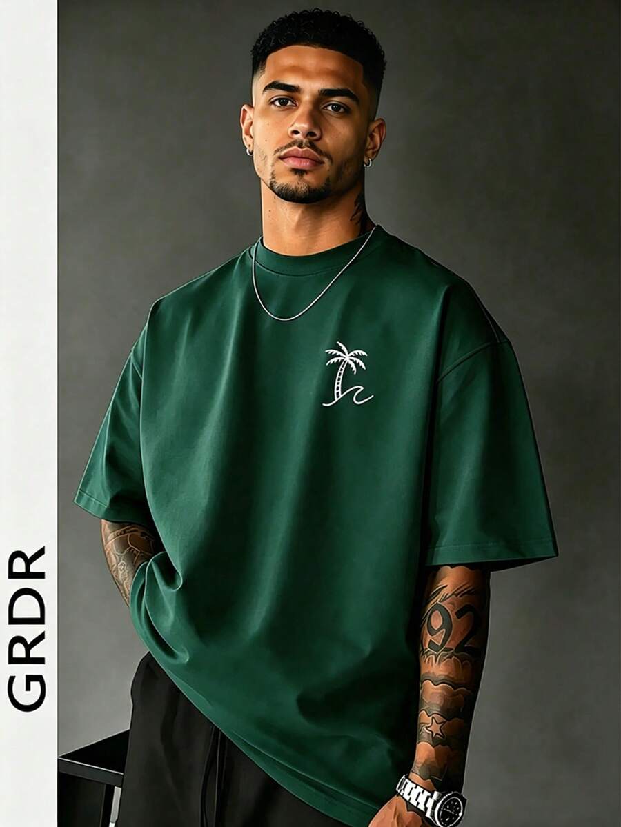 GRDR Men's Round Neck Fashionable Palm Tree Printed Short Sleeve T-Shirt, Casual - Dark Green - View 1