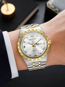 Men's Premium Gold-Tone Alloy Band Watch, Roman Numeral Rhinestone Dial With Date Display, Business Casual Versatile Quartz Wristwatch (1pc/Set), Watch Box Not Included - Multicolor - View 2