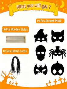 6SET Halloween Scratch Art Set, Rainbow Scratch Halloween Masks, Magic Scratch Masks With Elastic Ropes And Wooden Stylus, Suitable For Halloween Costume Party Photo Booth Props,Classroom Activities, Holiday Decorations, Fence Decorations - A - View 9