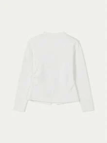 Gold Heart Button Knit Cardigan, Fitted Crew Neck, Long Sleeves, Soft Stretch Fabric, White Elegant Layering Top For Fall Winter Office And Vacation - White - View 3
