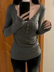 Sexy V-Neck Fitted Long Sleeve Knit Top, Waist-Cinching Inner Layer, Autumn T-Shirt For Women - Dark Grey - View 5