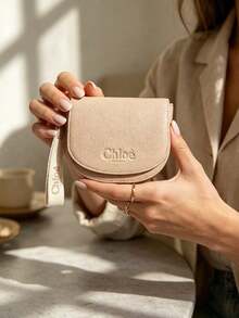 Chloé Light Pink Pebbled Faux Leather Saddle Makeup Pouch, Embossed CHLOE Logo With Printed Fabric Wrist Strap, Flap Closure Portable Cosmetic Storage Bag Luxury Gift For Women CHLOE-GIFT-11 - Baby Pink - View 4