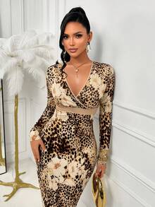 AIJ Women's Elegant Long Knitted Dress With Leopard&Floral Pattern Deep V Neck Long Sleeves Split Hem For Fall Wedding Guest Party Going Out Vacation - Brown - View 6