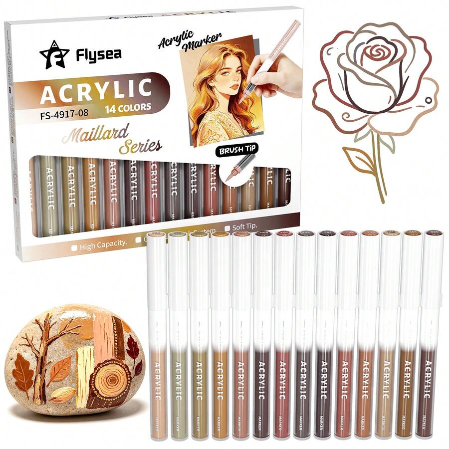 Flysea New Colorful Series 14pcs/Box, Vibrant Macaron Dopamine Gray Blue Green Brown And More Professional Acrylic Marker Pens, New Free Ink System, Multiple Color Combinations Available, Newly Launched, Better Quality, Smoother Writing Experience, Designed For Professional Artists