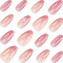 10PCS Spring/Summer Pink Cat Eye Cherry Blossom Premium Handmade Press-On Nails Sweet Atmosphere Ins Style - Baby Pink - View 4
