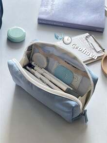 1pc Solid Color Large Capacity Layered Pencil Case, Mesh Compartment Stationery Storage Bag, Multi-Compartment Partitioned Storage For Writing Tools, Extra Wide Body To Hold Multiple Stationery Items, Smooth Zipper Opening And Closing, Suitable For School Supplies, Christmas Planner Tools, Halloween Drawing Materials, Short Video Promotion - Multi-color - View 9