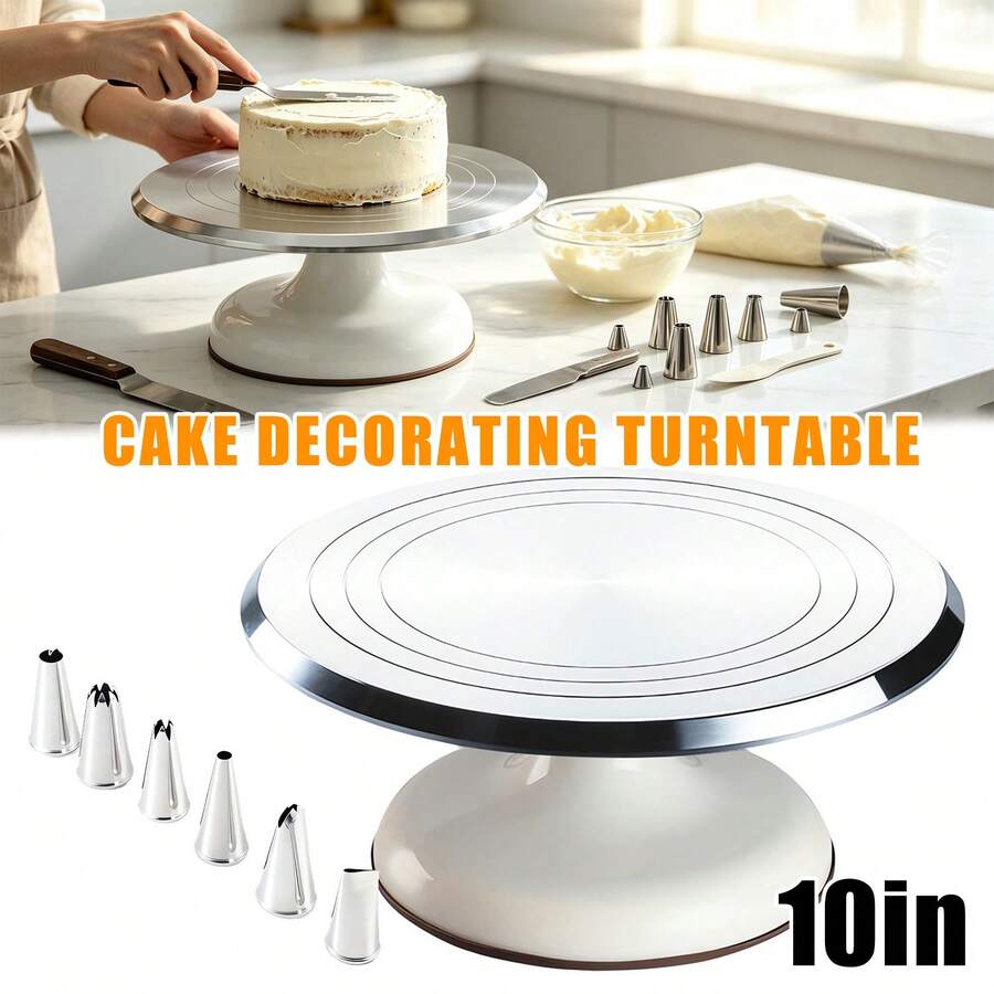 1Pc 10 Inch Aluminium Alloy Rotating Cake Turntable, Silent Smooth Spinning Decorating Stand, Heavy-Duty Handy Baking Accessory For Cake Decorating, Dessert & Pastry Making