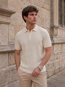 Men's Textured Diamond Pattern Short Sleeve Polo Shirt, Loose Fit Suitable For Casual And Business Casual Occasions - Apricot - View 2