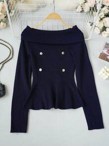 2026 Double-Row Gold Button Off-Shoulder Ribbed Knit Top, Fold-Over Off-Shoulder Slim Fit Long Sleeve, Ruffle Fish Tail Hem Waist-Cinching Cropped Base Layer, Commuter Sexy Aesthetic Elastic Knit Sweater - Royal Blue - View 7