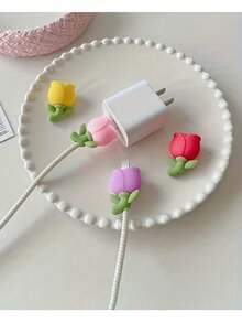 1PC/4pcs Cute Flower Cable Protector - Silicone Material, Decorative And Protective Charger Cable Sleeve, Suitable For Phone, Computer And More - Pink, Yellow, Red, Purple Design, Soft Rubber Cable Anti-Breakage Bite Protector - A - View 2