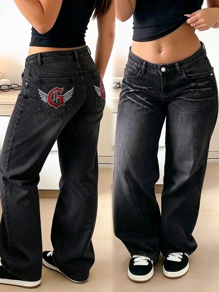 GILIPUR Women's High Waist Distressed Washed Black Denim Jeans, Lightning Pattern Print Loose Wide Leg Jeans, Casual Street Style Long Pants Fall