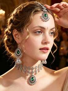 Conjunto de collar y pendientes de perlas falsas y strass de moda, adecuado para uso diario - Conjunto de joyas - Ver 7