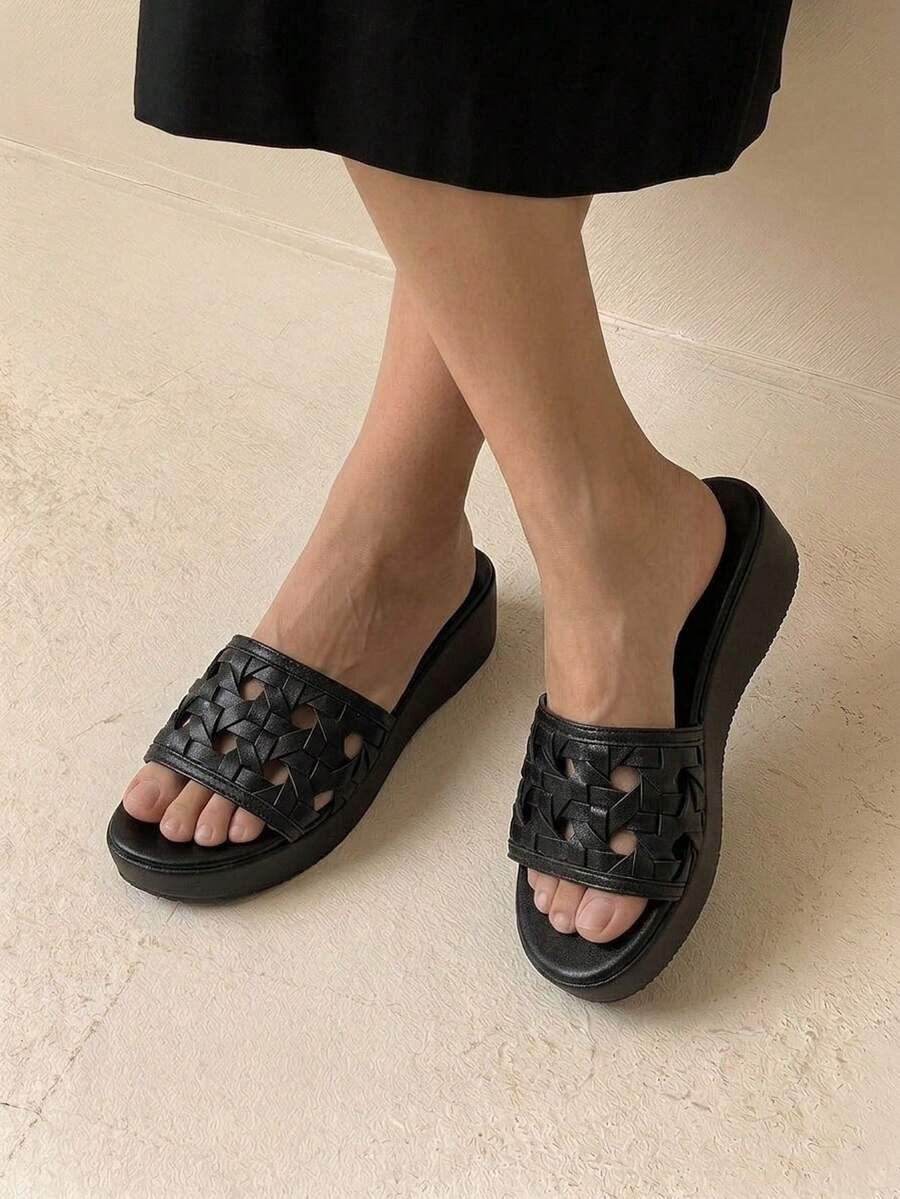 HighSole 女士时尚舒适厚底高跟凉鞋,简约设计,春夏 - 黑色 - 查看 1