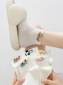 1/5 Pairs Women's Pure Cotton Socks, Breathable & Odor-Resistant, Asymmetrical Cuff, Knitted Fabric, Cute INS Style, Versatile For Spring/Summer, Home, Commute, Date, Party, School, Holiday Gift - Multicolor - View 2
