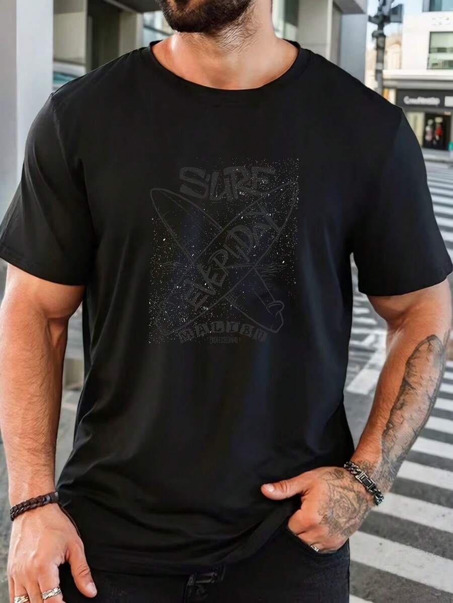 Men's Pure Cotton Casual Short-Sleeve T-Shirt Summer Basic Everyday Wear Round Neck Tee Top - 黑色 - 查看 1
