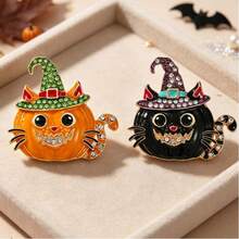 Halloween Pumpkin Cat Brooch Witch Hat, Ghost Brooch With "Boo" Text, Cartoon Brooch, Sweater Accessory, Bag Decoration, Holiday Costume Accessory, Gift - Multicolor - View 1