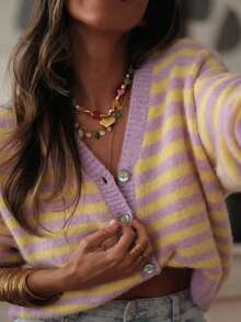 Women's Striped Knit Ribbed Button Front Long Sleeve Cardigan, Casual Elegant For Daily Wear, Country Concert, Vacation, Spring Autumn Winter - Mauve Purple - View 1