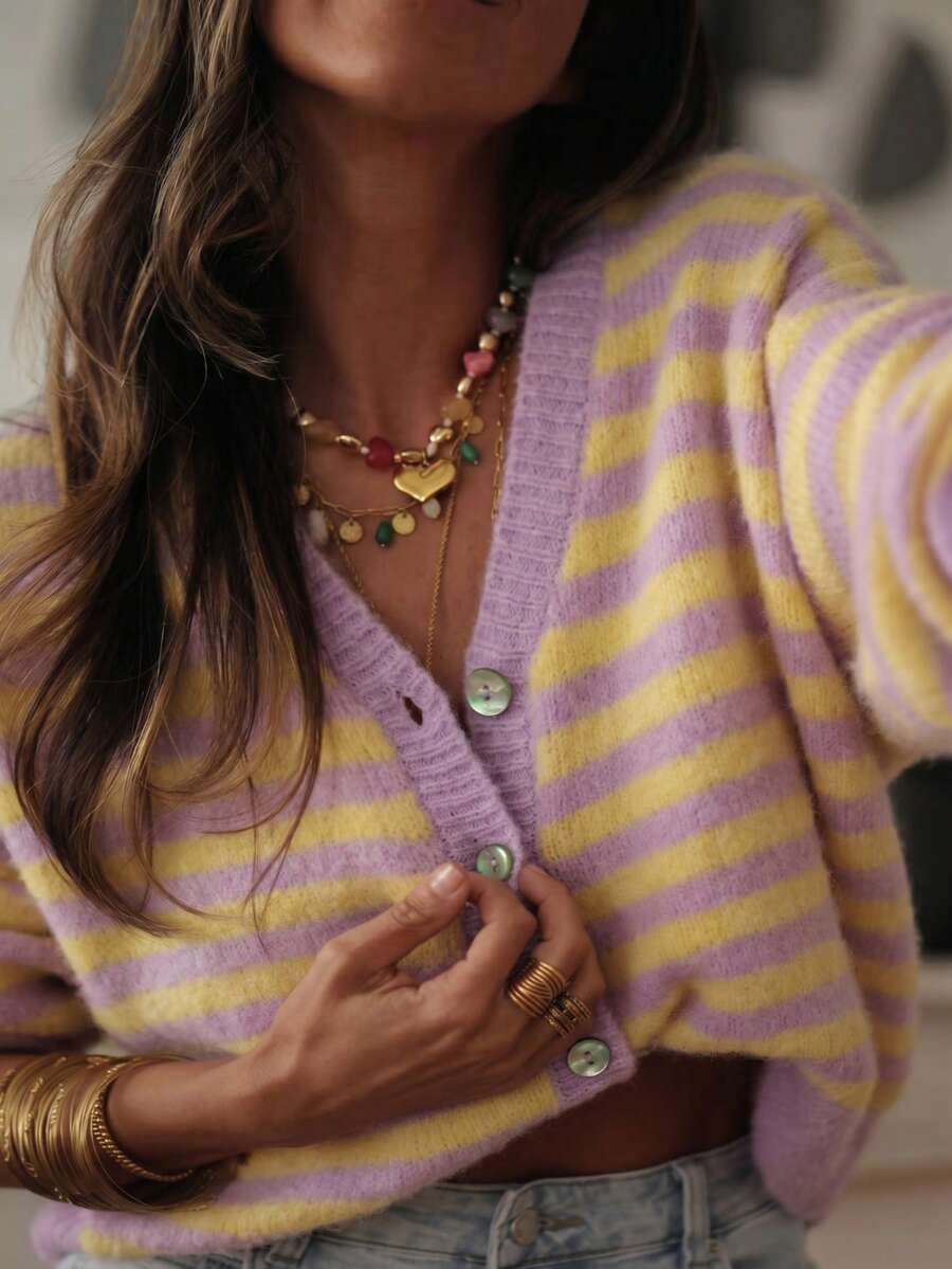 Women's Striped Knit Ribbed Button Front Long Sleeve Cardigan, Casual Elegant For Daily Wear, Country Concert, Vacation, Spring Autumn Winter - Mauve Purple - View 1
