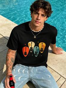 Men's Vintage Guitar Pick Print T-Shirt, High-Quality Fabric, Comfortable Fit, Casual And Breathable. - Black - View 2