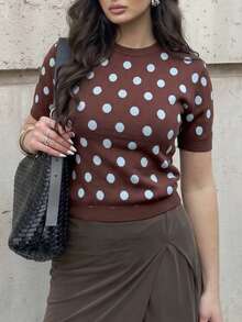 Polka Dot Pattern Short Sleeve Knit Top - Brown - View 3