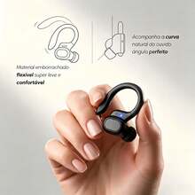 Fone de ouvido preto esportivo premium com gancho, sinal Bluetooth 5.3 constante, compatível com celulares , ,  e  para lazer e exercícios - Visão 6