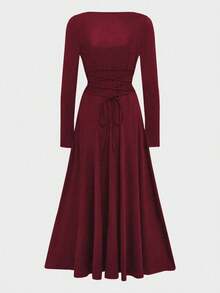 French Elegant Waist-Cinching High-Waisted Fitted Elegant Spaghetti Strap Square Neck Solid Color A-Line Midi Dress For Women - Burgundy - View 8