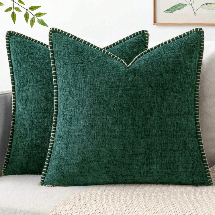 1pc Soft & Comfortable Skin-Friendly Double-Sided Chenille Pillow Cover With Stitched Edges, Moss Green (Without Filler), Suitable For Sofa And Bed, Spring/Summer - Dark Green - View 1