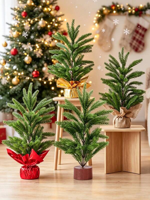 15/1pc Rustic Minimalist PE Pine Needle Cone-Shaped Mini Christmas Tree With Burlap Gift Paper Wrapped Base, Realistic Full Foliage, Small Desktop Christmas Tree Decor For Christmas Holiday Home Party Indoor Dining Table Bookshelf Decoration
