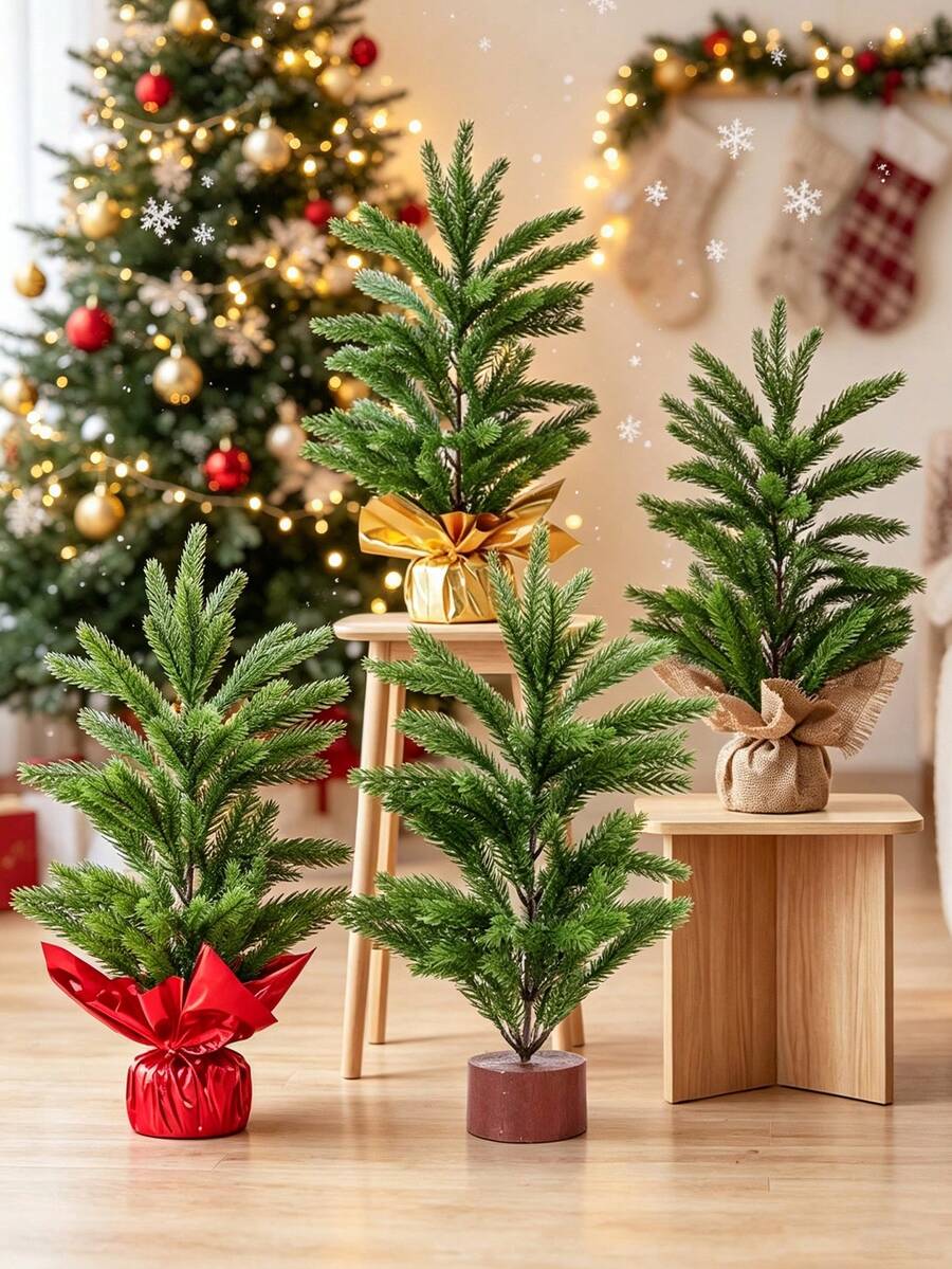 1pc Rustic Minimalist Style PE Pine Needle Conical Mini Christmas Tree,Wrapped Base With Burlap Gift Paper Cover,Realistic Full Branches,Tabletop Ornament,Small Desktop Xmas Tree For Christmas Holiday Home Party Indoor Table Shelf Decor - Multicolor - View 1
