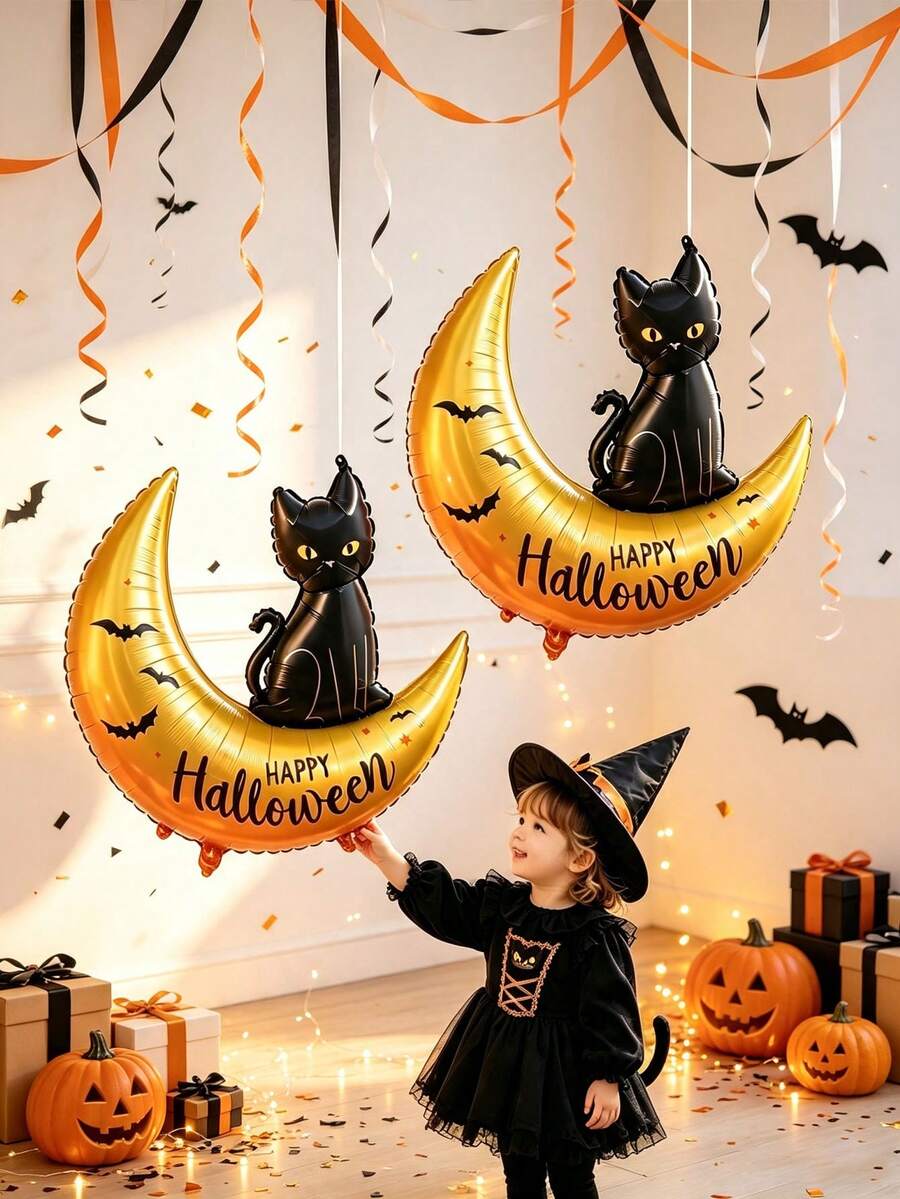 2pcs Black Cat & Moon Balloon Set, Suitable For Halloween Party Decoration, Holiday Gathering Decor, Halloween Costume Props, Children's Surprise Gifts And Other Festive Occasions - View 1