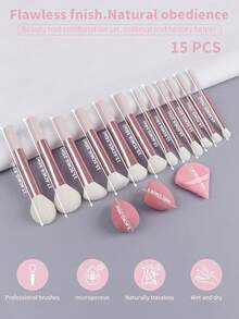 12pcs Multi-Function Makeup Brush Set, Includes Powder Brush, Blush Brush, Foundation Brush, Eyeshadow Brush, Blending Brush, Contour Brush, Slanted Makeup Sponge, Round Makeup Sponge And White Powder Puff - Baby Pink - View 7