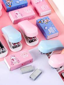 1pc Macaron Cartoon Mini Stapler With Staples, Lightweight And Effortless Body, Metal Binding Firm And Secure, Convenient For Organizing Test Papers, Receipts, Homework, Fresh And Cute Print, Eye-Catching Design, Portable And Easy To Store, Recommended Stationery For Back To School Season, Suitable As Christmas, Halloween, Thanksgiving Gifts For Classmates And Colleagues - Multi-color - View 2