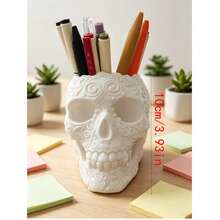 Skull Makeup Brush Holder/Pen Holder Storage Box, Upgraded Plant-Based PLA Gypsum Texture 3D Printed Desktop Organizer, Lightweight Office Supplies Storage Box, Ideal Gift For Home Office - A - View 6