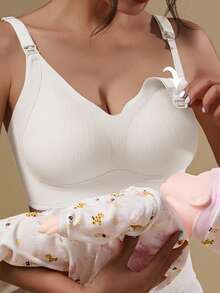 Maternity Nursing Bra, Wireless, Anti-Sagging, Postpartum Breastfeeding Bra With Half-Fixed Lift And Clip-Open Design - White - View 6