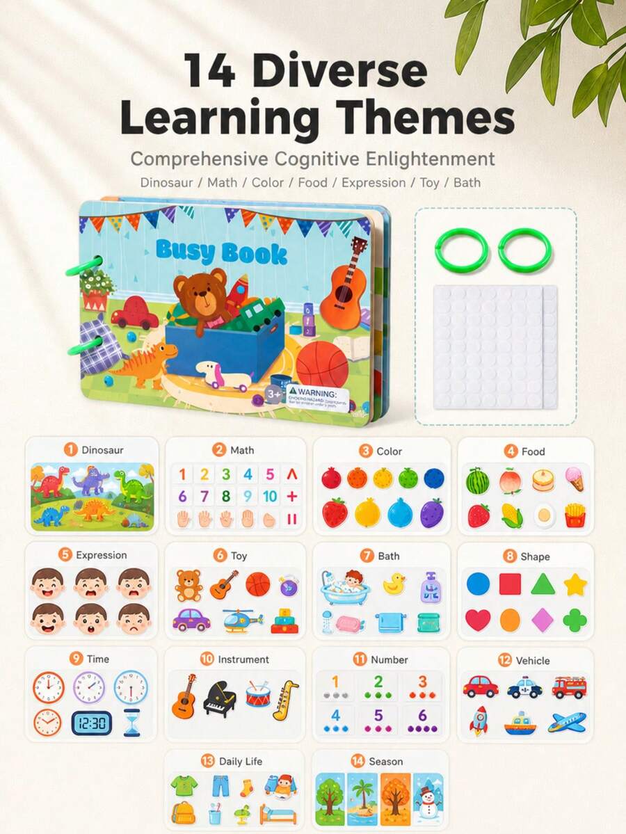 14 In 1 Early Education Busy Book For Kids - Montessori Cognitive Learning Puzzle With Hook And Loop Stickers - English Math Shape Animal Color Toy For Toddlers 3 Years+ - Multicolor - View 1