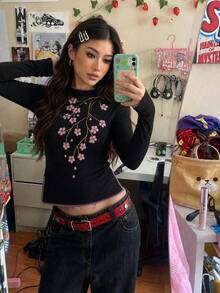 New Chinese Floral Embroidery Long Sleeve Tee, Black Stand Collar Pink Stitch Split Hem Slim Fall Daily Top - Black - View 2
