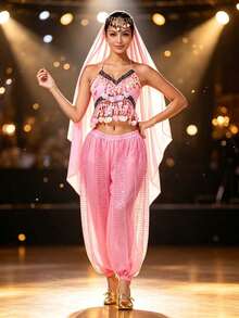 Atasan Crop Top Halter Rumbai Kerang Berhiaskan Manik-Manik, Celana Harem Chiffon Berpayet Transparan, Pakaian Kerudung Pertunjukan Tari Eksotis (Tersedia Berbagai Warna) - MultiWarna - View 15